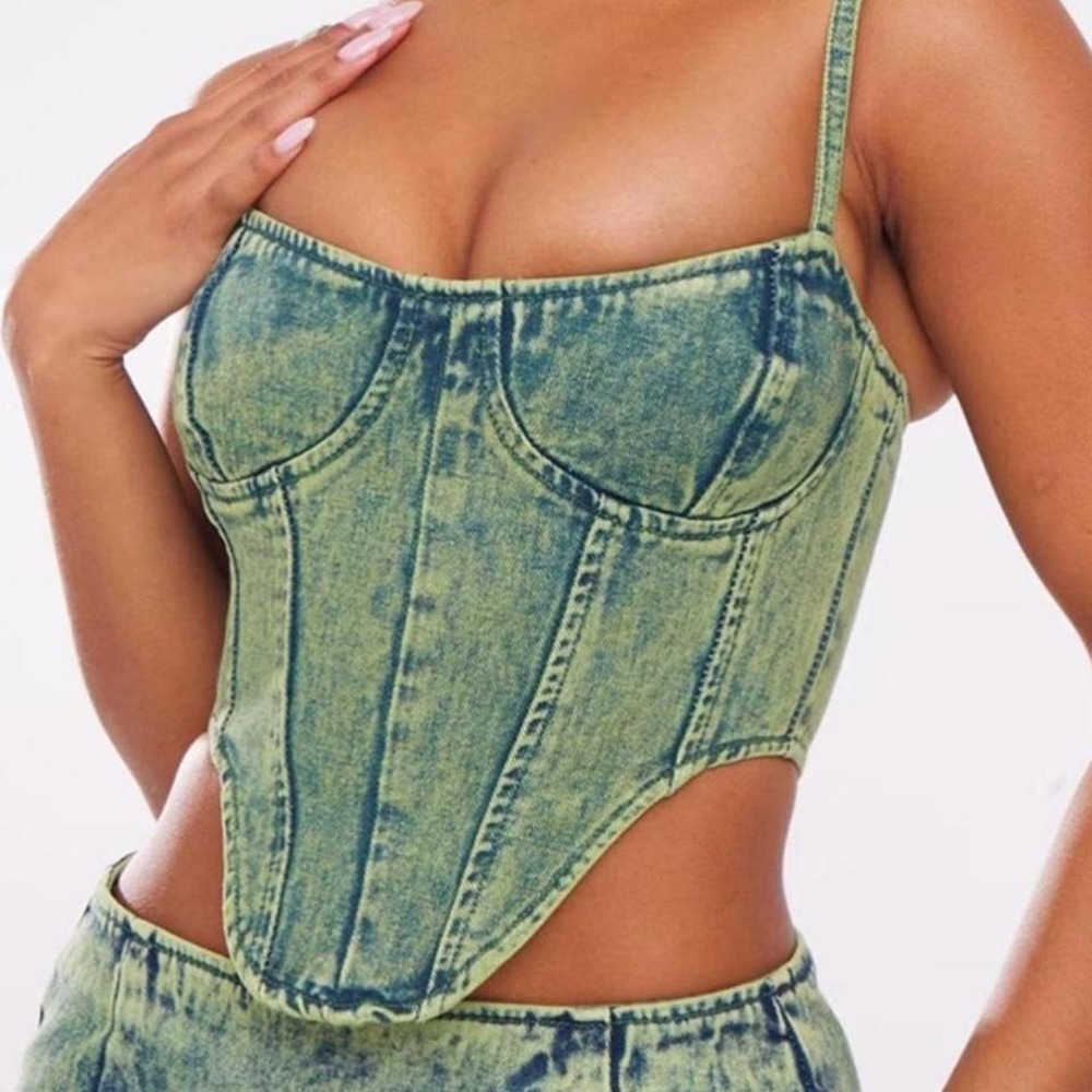 Y2K grunge denim corset tank‎ vintage wash green tint curved hem denim corset.